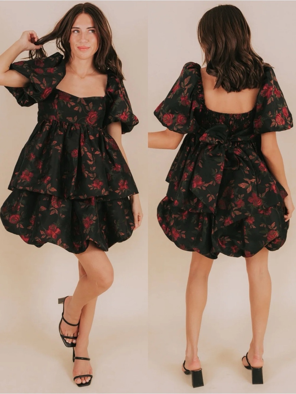 One Loved Babe “Did You Know Dress” Black Red Floral Jacquard Bubble Hem XL